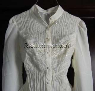 RWW~New Size S L Ivory Victorian Lace Crystal Jewel Blouse Top Elegant 