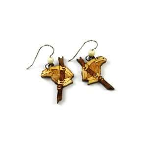 Tree Frog Dangle Earrings from Wood of a Birch Tree with Pearl Accent 