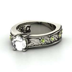  Garden Ring, Round Rock Crystal Palladium Ring with Green 