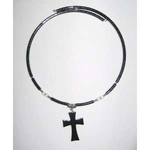  Black Hematite Healing Necklace with Cross (White Beads 