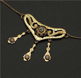   Nouveau 14K Gold Old Miner Cut Diamond Drop Pendant Necklace  