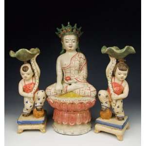 one Cizhou Ware Red&Green Coloring Porcelain Kuanyin Buddha with Boy 