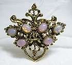 Vintage Gold Tone & Opaline Harlequin Glass Cabochon Pin Brooch 1 3/4