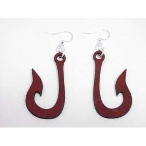  Cherry Red Fishing Hook Wooden Earrings GTJ Jewelry