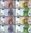   Money Euro Bills 10,20,50,100 € EUR. 8 Paper Play/Game Banknotes