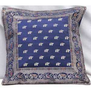  Blue Banarasi Cushion Cover with Elephants and Peacocks (India 