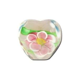 16mm Pink Flower on a White Heart Shaped Glass Lampwork 