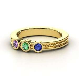 Mothers Gift Ring With Three Gems, Round Emerald 14K Yellow Gold Ring 