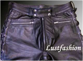 mens leather pants black / leather trousers lacets NEW  