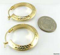 FLORAL HOOP EARRINGS   Brushed 10k Yellow Gold Pierced Wheat Etched 