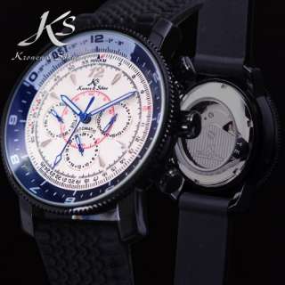 KS MEN AUTOMATIC DATE DAY MECHANICAL STAINLESS STEEL CASE RUBBER BAND 