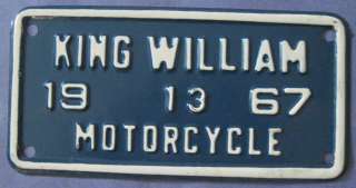 1967 King William County (VA) Motorcycle License Plate  