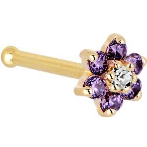 Solid 14KT Yellow Gold Amethyst and Clear Cubic Zirconia Flower Nose 