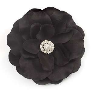  Large Black Crystal Satin Flower Brooch: Jewelry