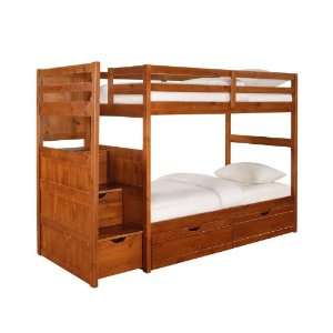 Twin Size Bunk Bed with Under Bed Dual Drawer Unit in Cinnamon Finish