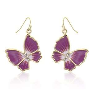  14k Gold Bonded Butterfly Earrings with Purple Enamel and 
