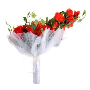   Tulle Wrapped Red Rose Wedding Bouquet with Vine 