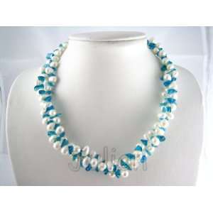   Blue Quartz 9mm White Freshwater Pearl Necklace J061: Office Products