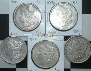 Morgan 5 Silver Coin Estate Lot 1882s 1884o MS 1889 1890 1900 
