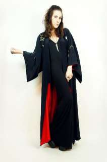 Vtg Black SATIN Embroidered Floral GOTH Neon MAXI Dress Gypsy KIMONO 