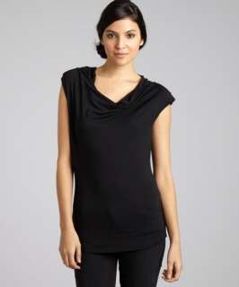 Three Dots black jersey padded shoulder cowl neck top
