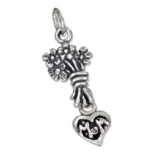  Sterling Silver Flowers and Heart Mom Charm. Jewelry