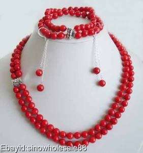 set 2 rows red coral necklace bracelet earring  