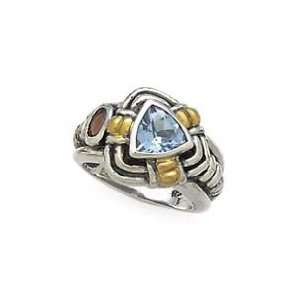  925 Silver, Blue Topaz & Garnet Ring with 14k Gold Accents 