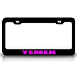 YEMEN Country Steel Auto License Plate Frame Tag Holder, Black/Pink