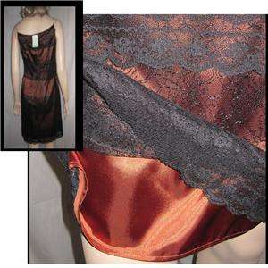 Black CHANTILLY LACE over Bronze SATIN Slip Dress NWT 6  