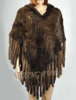 Luxurious Hand Made Brown Mink Knitted Fur Poncho With Hood  
