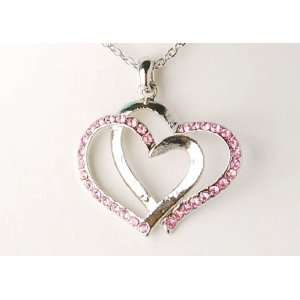Double Pink Hearts Couple Lovers Rose Light Crystal Rhinestone Pendant 