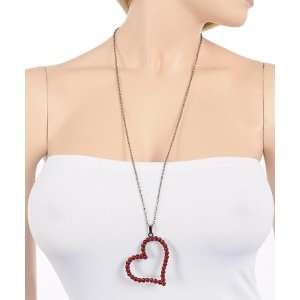  Red Stones Open Heart Shape Pendant Long Necklace: Jewelry