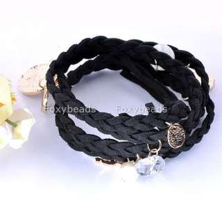   Multi Element Velvet Rope Dangle Charms Braid Leather Bracelet  