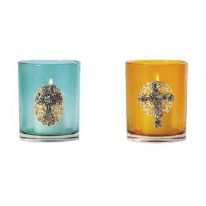    Small Votive Holders with Pewter Jeweled Cross