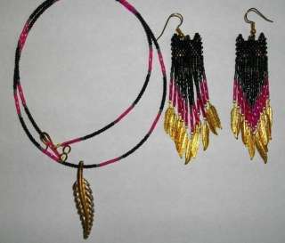 AMERICAN BEADED BLACK WOLF FEATHER NECKLACE AND EARRINGS  