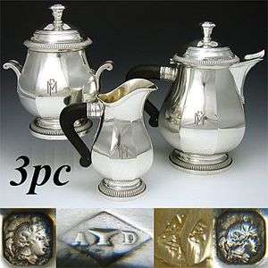 Elegant Antique French Sterling Silver 3pc Tea Pot Set, Desvignes c 