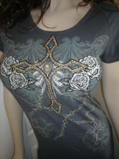  Gold Cross Chains Tattoo Stones Dark Charcoal Tee Cut Out Shirt  