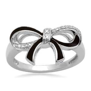  Sterling Silver Diamond Black Enamel Bow Ring (1/20 cttw 