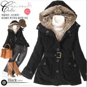 Womens NEW Fur Trim Black Coat Hooded Hot Fashion S M L  