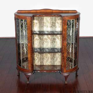 Antique Burl Walnut Queen Anne Curio Display Cabinet  