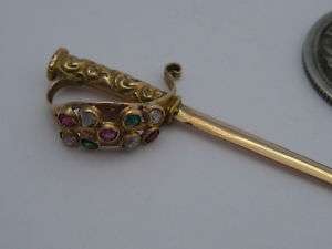 Antique 1800s Victorian era 14K Gold Jeweled Jabot Sword Stick Pin 