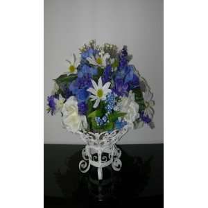  Blue & White Silk Floral Arrangement in White Metal Footed 