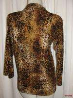   Brown Blk Animal Print Stretch 3/4 Sleeve Blouse Top Size XS  