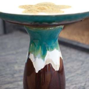 Pedestal Ceramic Birdbath or Bird Feeder Brown and Blue Glaze Finish 