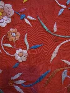 Vtg Antique Red Embroidered Floral Flower Rayon PIANO SHAWL SCARF Silk 