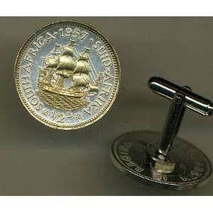   World Coin Cufflinks   So. African ½ penny Sailing ship (quarter
