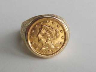 14k Gold Ring Coin Vintage US American 22k 2 1/2 Dollar 1907 Eagle 