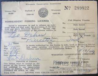   WISCONSIN CONSERVATION COMMISSION NONRESIDENT FISHING LICENSE 1949 50