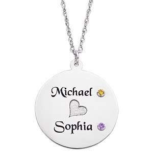  Sterling Silver Couples Name & Birthstone Disc Necklace Jewelry